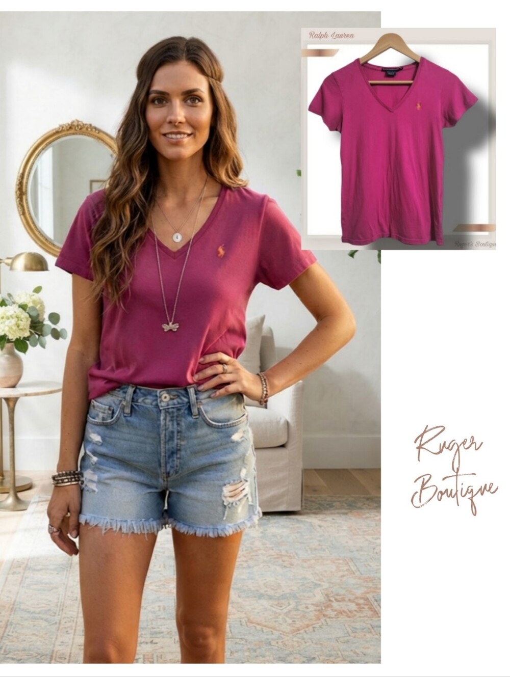🌿 Ralph Lauren Sport Women's Small Magenta Pink V- Neck Tee
